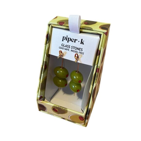 Piper.K Double Drop Green Glass Martini Olive Earrings. - Picture 3 of 6